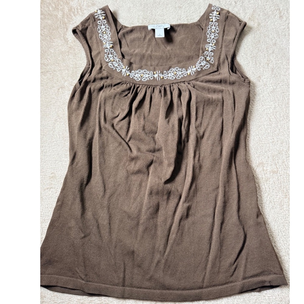 Ann Taylor LOFT Brown Embroidered Beaded Square Neck Knit  Top S Boho Layer
